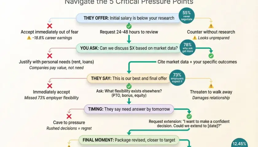 Decision tree on how to counter a job offer, guiding through pressure points like initial salary, "best and final" offers, and timing.