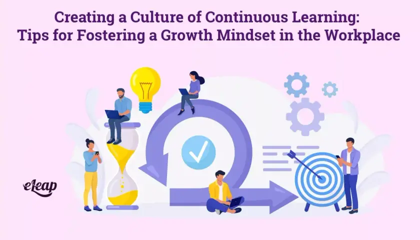 Illustration depicting a team fostering continuous learning in the workplace, with elements like an hourglass, lightbulb, gears, and a target.