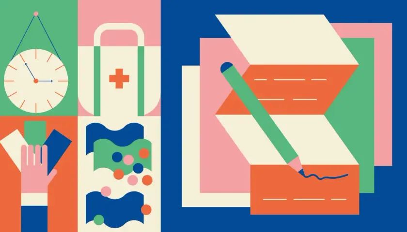 Abstract art with clock, first aid kit, hand holding cards, and a pencil writing. Perfect for online negotiation courses.