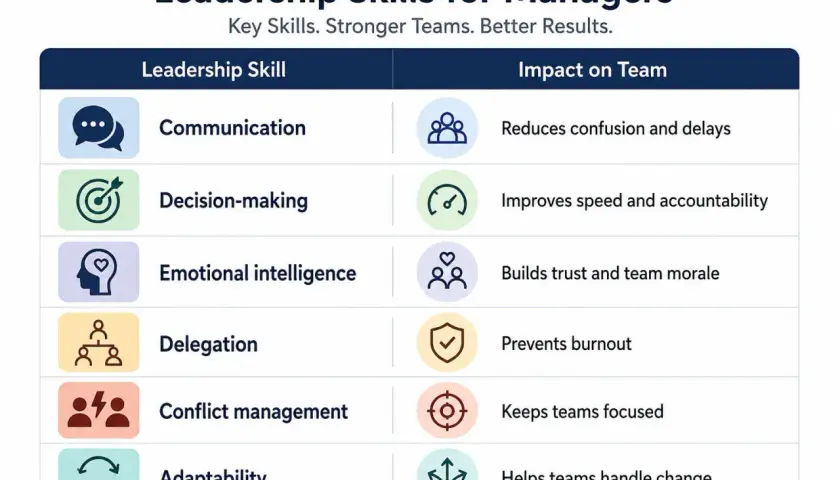Chart detailing leadership skills for managers: communication, decision-making, emotional intelligence, delegation, conflict management, and adaptability, and their impact on teams. Essential training for effective leadership management.