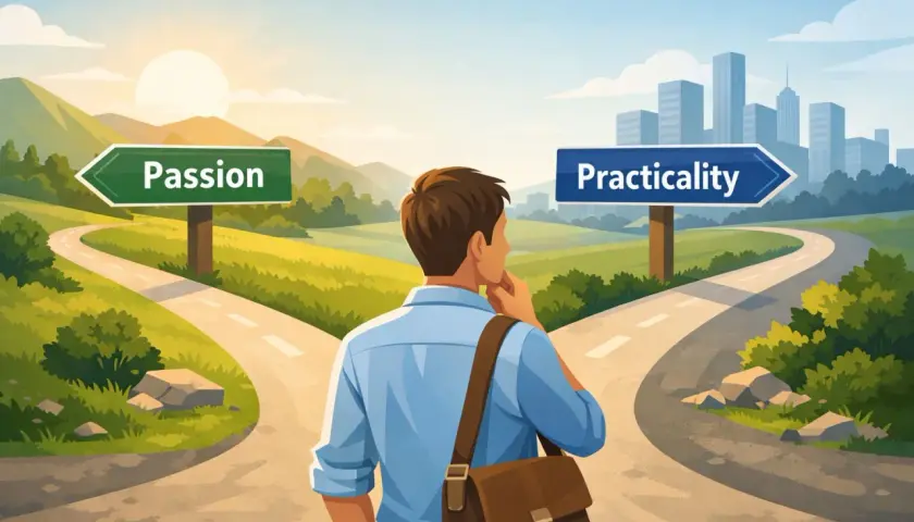 A man stands at a crossroads, contemplating which path to take: one leads to a sunny, green landscape marked "Passion," the other to a city skyline labeled "Practicality.