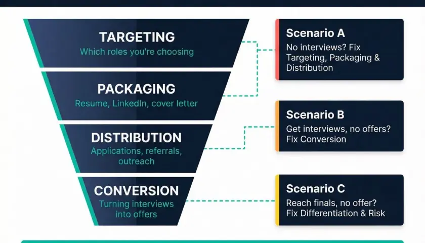 Job search diagnostic funnel helps answer "why can't I get a job?" by identifying bottlenecks in targeting, packaging, distribution, and conversion.