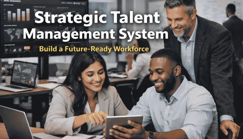 A diverse team collaborates on a tablet, showcasing strategic talent management to build a future-ready workforce.