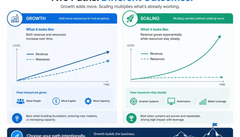 A business growth framework comparing "Growth" (adding resources) and "Scaling" (multiplying results).