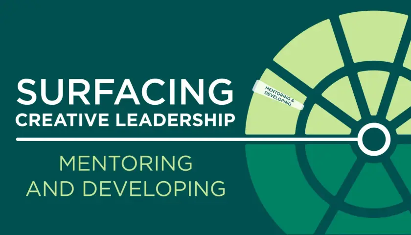 Surfacing creative leadership through mentoring and developing skills. A circular graphic with segments represents growth.