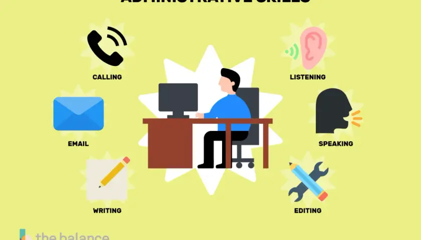 Illustration of administrative skills: calling, email, writing, listening, speaking, and editing, with a person at a desk.