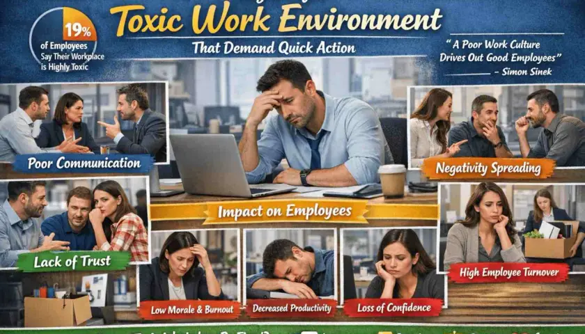 Infographic detailing signs of a toxic work environment, including poor communication, lack of trust, negativity spreading, low morale, decreased productivity, loss of confidence, and high employee turnover.