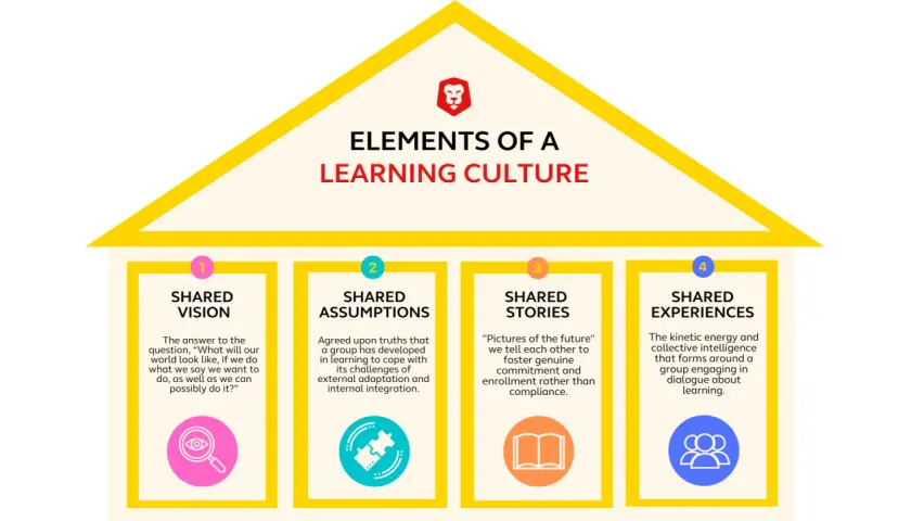 Infographic detailing the four elements of a learning organization: Shared Vision, Shared Assumptions, Shared Stories, and Shared Experiences.