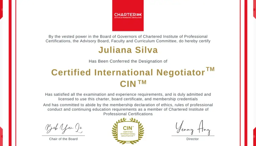 Juliana Silva's negotiation certificate from the Chartered Institute of Professional Certifications, designating her as a Certified International Negotiator.