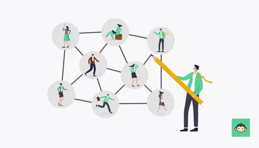 A man with a giant pencil draws connections between people in circles, symbolizing shaping culture and team dynamics.