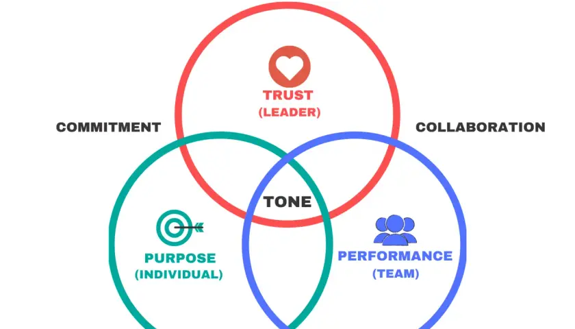 Venn diagram illustrating "Tone from the Top: A Leadership Framework" with circles for Trust (Leader), Purpose (Individual), and Performance (Team), all intersecting at TONE.