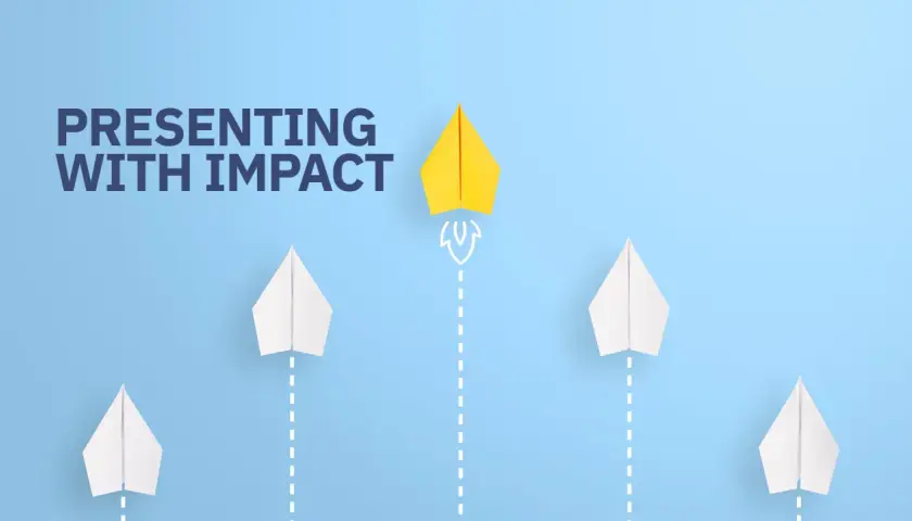 A yellow paper airplane soars ahead of white ones, symbolizing the power of presenting with impact.