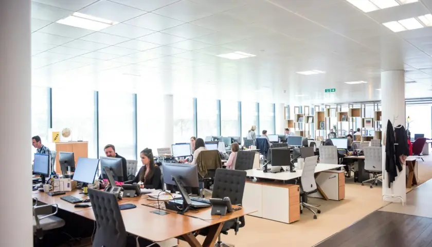 A busy open office space with employees working at desks. Natural light streams in from large windows, illuminating the modern workstations.