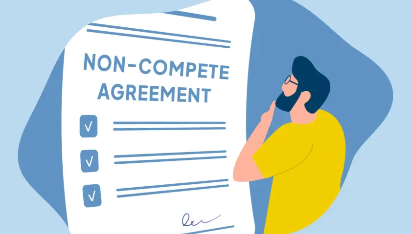 A person ponders a noncompete agreement, with checkboxes and lines for terms.