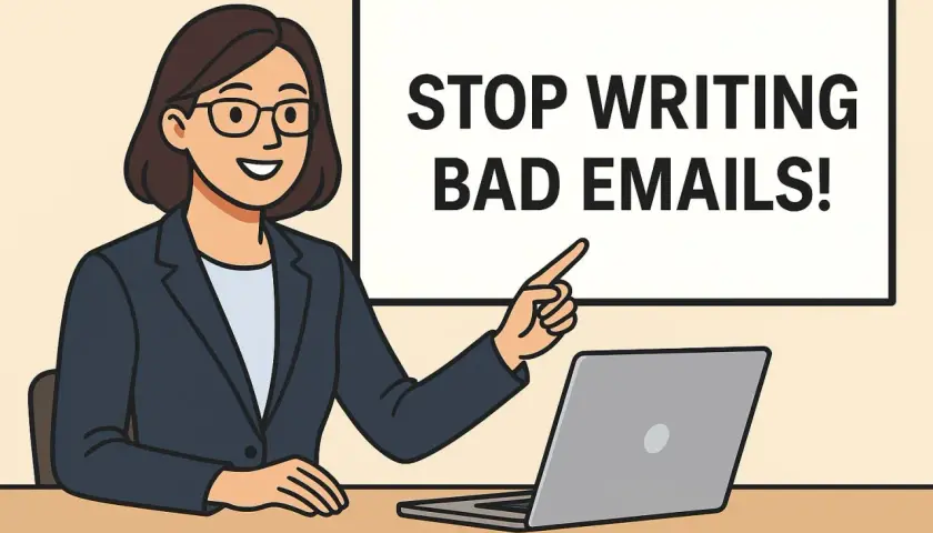 Learn how to write an email professionally. A woman points to a screen saying "STOP WRITING BAD EMAILS!