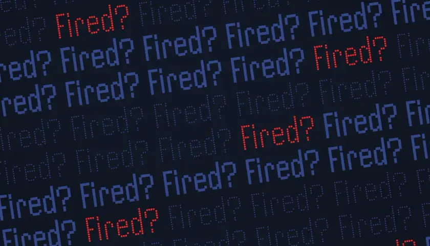 Rows of pixelated text ask "Fired?". Some are blue, but a few stand out in red, fueling the thought: am I getting fired or just paranoid?
