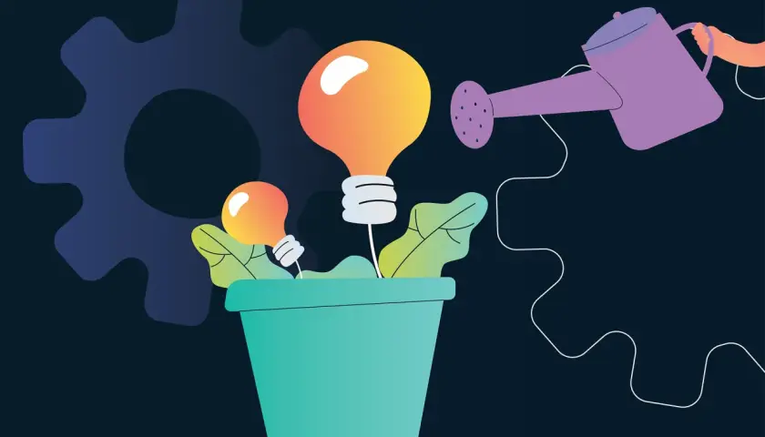 A watering can nourishes lightbulbs growing in a pot, symbolizing innovative thinking and growth.