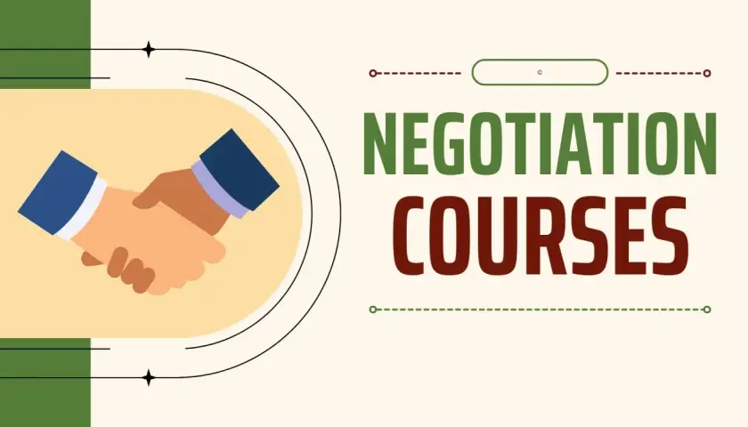 Illustration of a handshake and text promoting negotiation certificate programs.