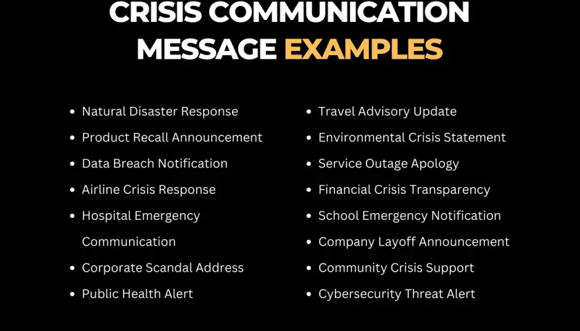 Examples of crisis communication, including natural disaster response, product recalls, data breaches, and public health alerts.