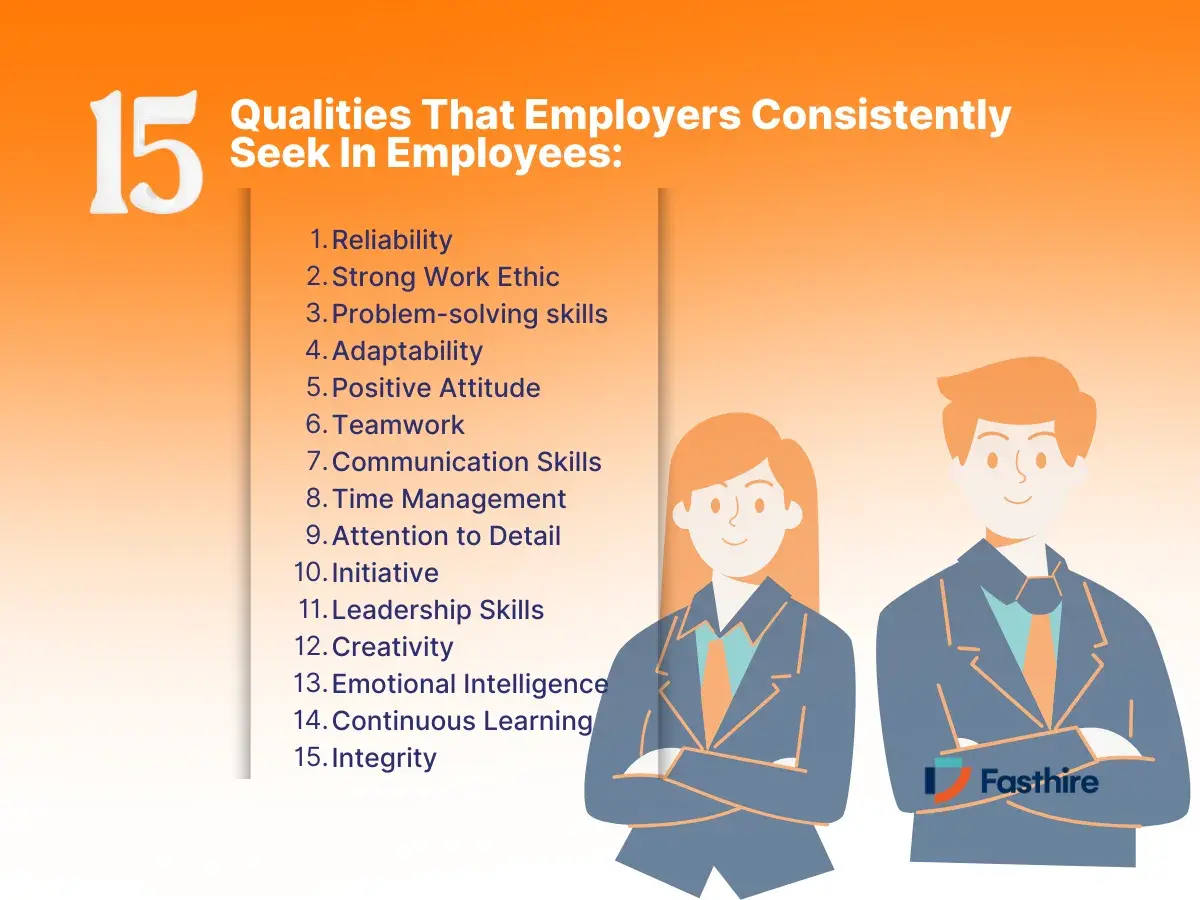 15 qualities employers seek: reliability, work ethic, problem-solving, adaptability, positive attitude, teamwork, communication, time management, attention to detail, initiative, leadership, creativity, emotional intelligence, continuous learning, and ...