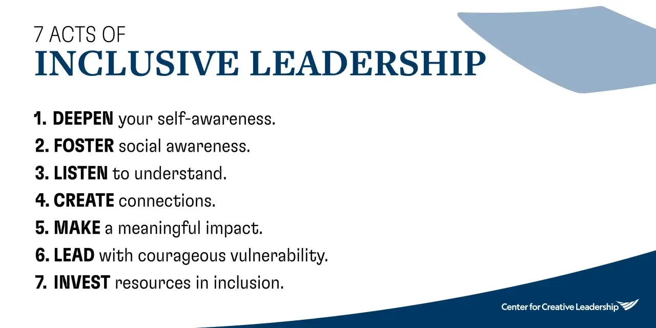 7 Acts of Inclusive Leadership: Deepen self-awareness, foster social awareness, listen, create connections, make impact, lead with vulnerability, invest in inclusion. This is a strategy skill.