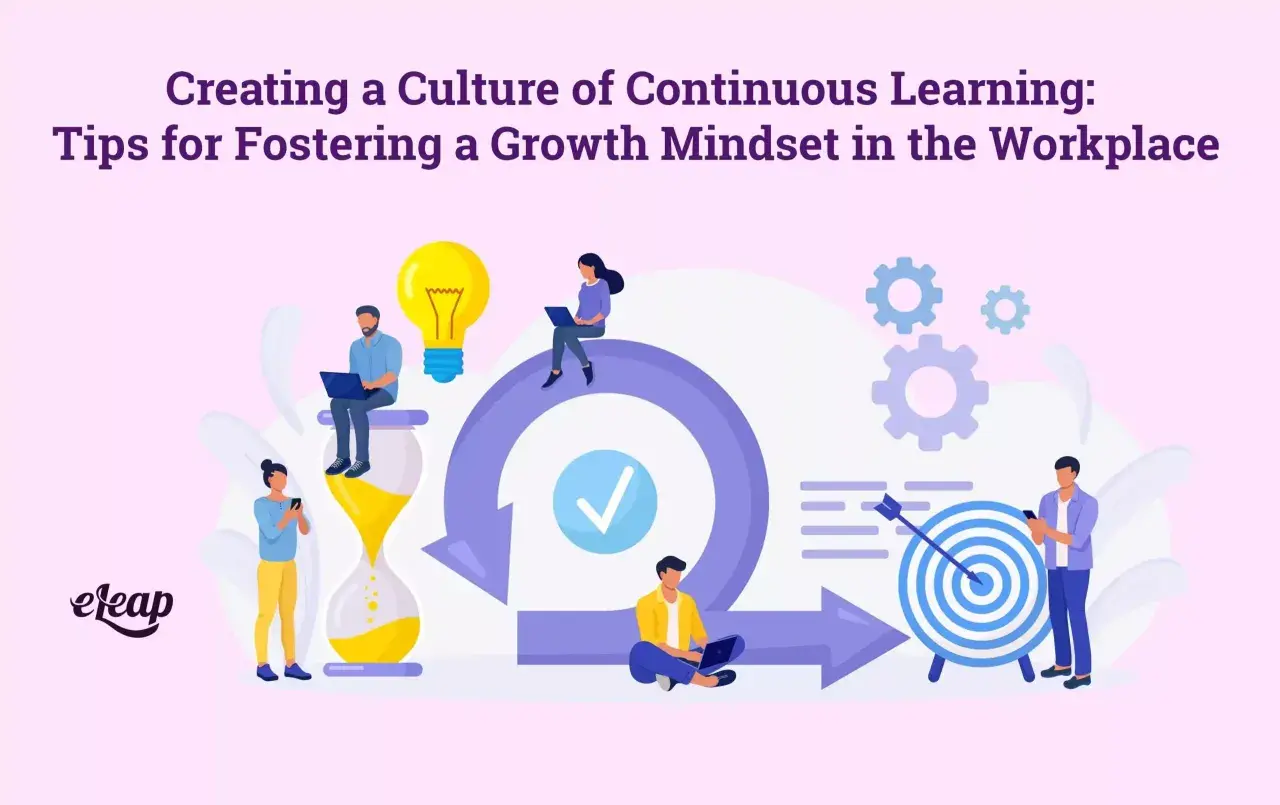 Illustration depicting a team fostering continuous learning in the workplace, with elements like an hourglass, lightbulb, gears, and a target.