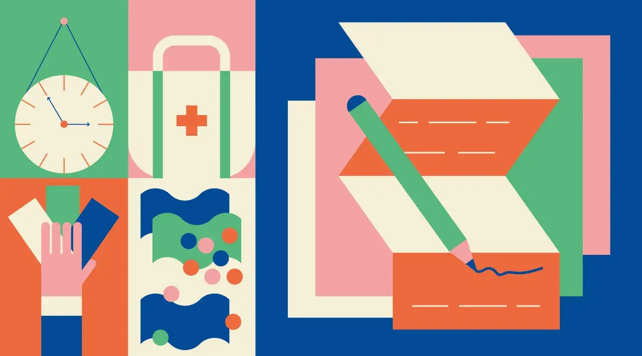 Abstract art with clock, first aid kit, hand holding cards, and a pencil writing. Perfect for online negotiation courses.
