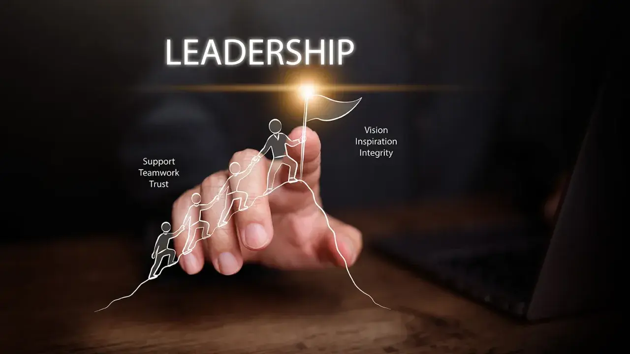 A hand guides a drawn team up a mountain, symbolizing leadership development. Key traits like vision, inspiration, integrity, support, teamwork, and trust are highlighted.