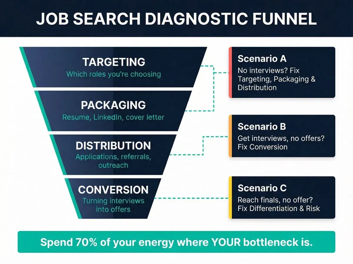Job search diagnostic funnel helps answer "why can't I get a job?" by identifying bottlenecks in targeting, packaging, distribution, and conversion.