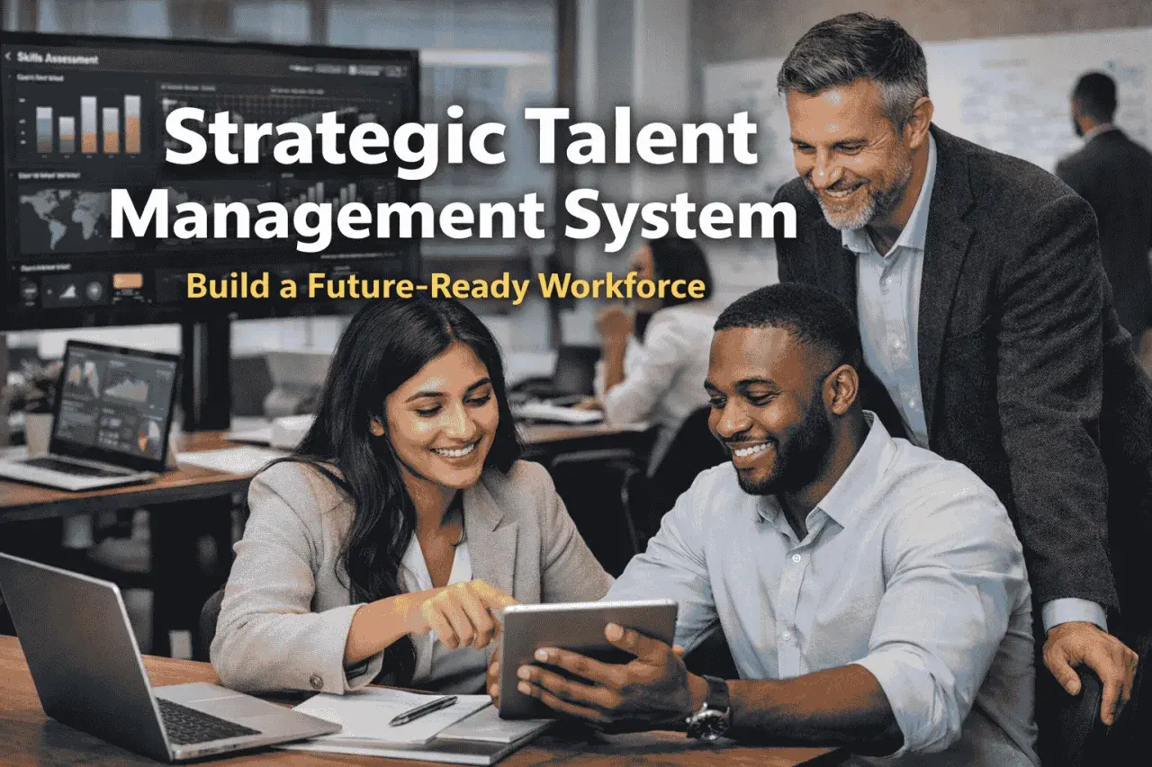 A diverse team collaborates on a tablet, showcasing strategic talent management to build a future-ready workforce.