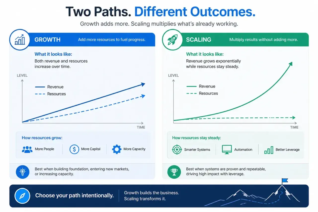 A business growth framework comparing "Growth" (adding resources) and "Scaling" (multiplying results).