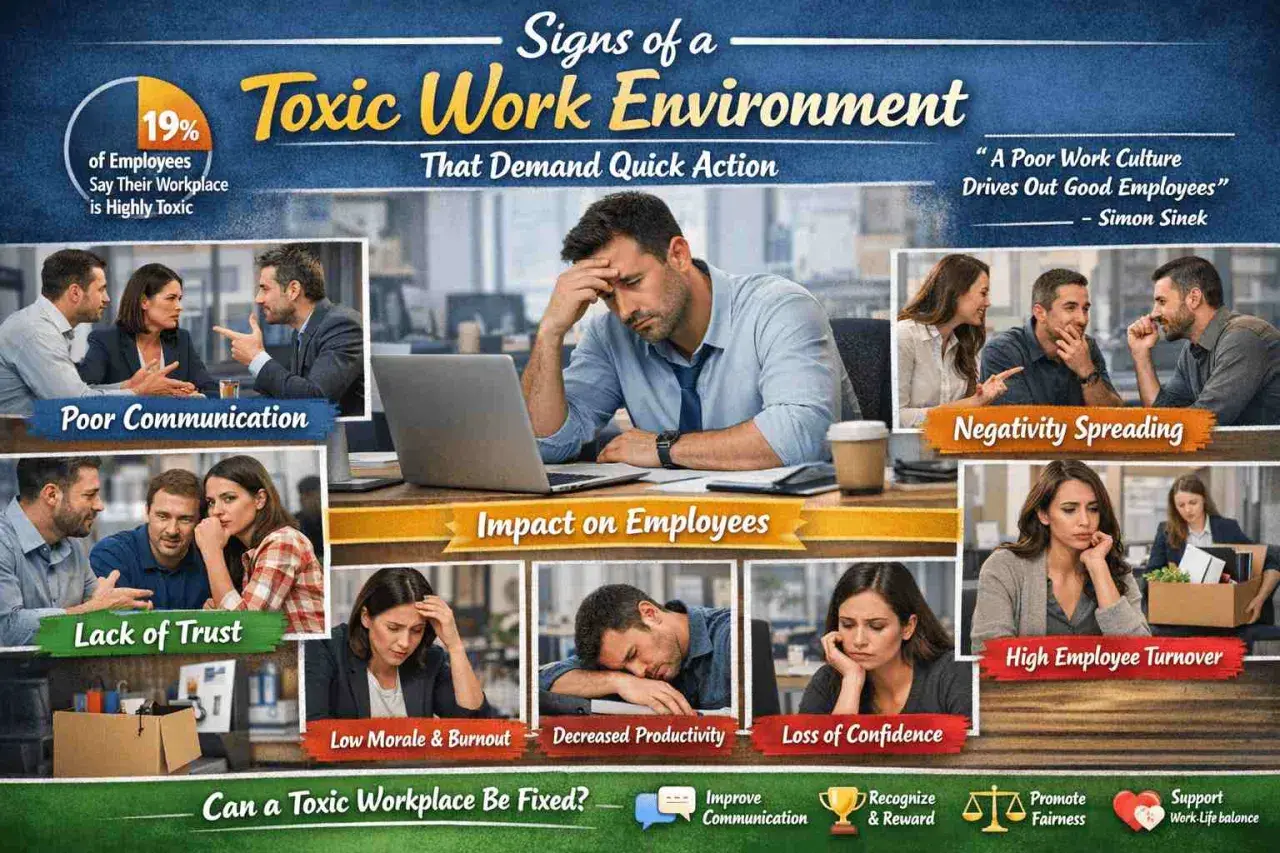 Infographic detailing signs of a toxic work environment, including poor communication, lack of trust, negativity spreading, low morale, decreased productivity, loss of confidence, and high employee turnover.