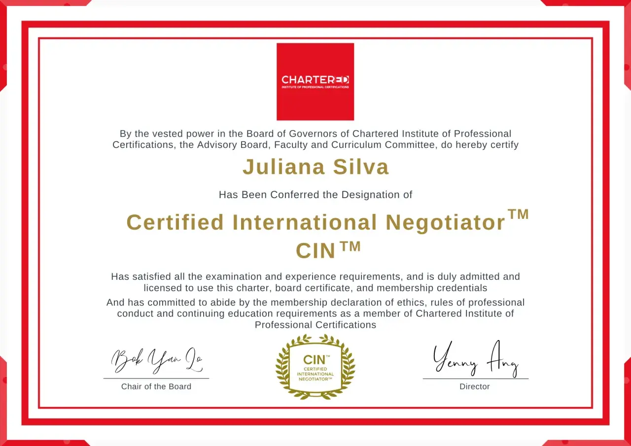 Juliana Silva's negotiation certificate from the Chartered Institute of Professional Certifications, designating her as a Certified International Negotiator.