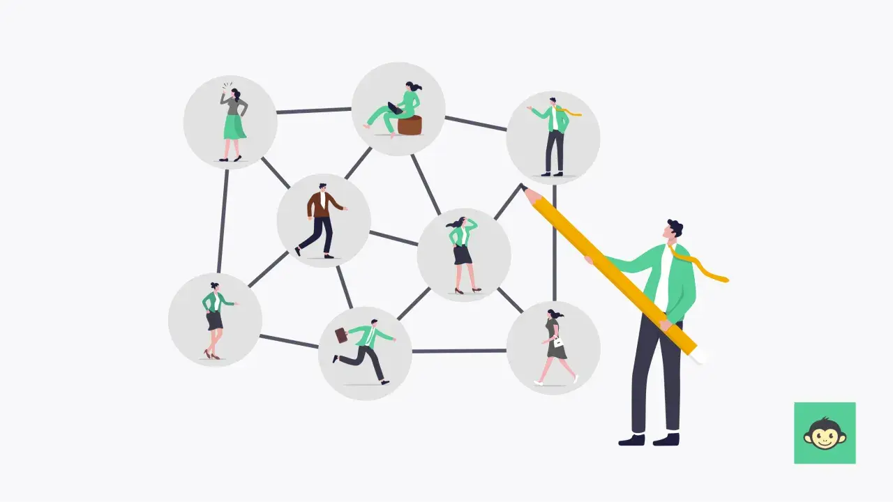 A man with a giant pencil draws connections between people in circles, symbolizing shaping culture and team dynamics.