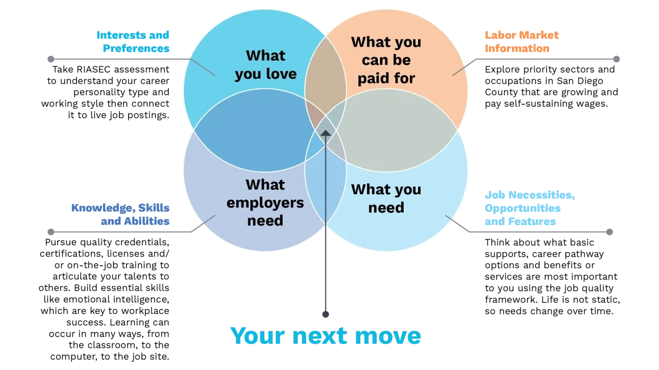 Venn diagram illustrating a career transition plan, showing intersections of interests, skills, what you love, what you can be paid for, employer needs, and job necessities.