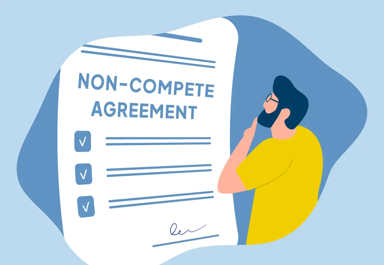 A person ponders a noncompete agreement, with checkboxes and lines for terms.