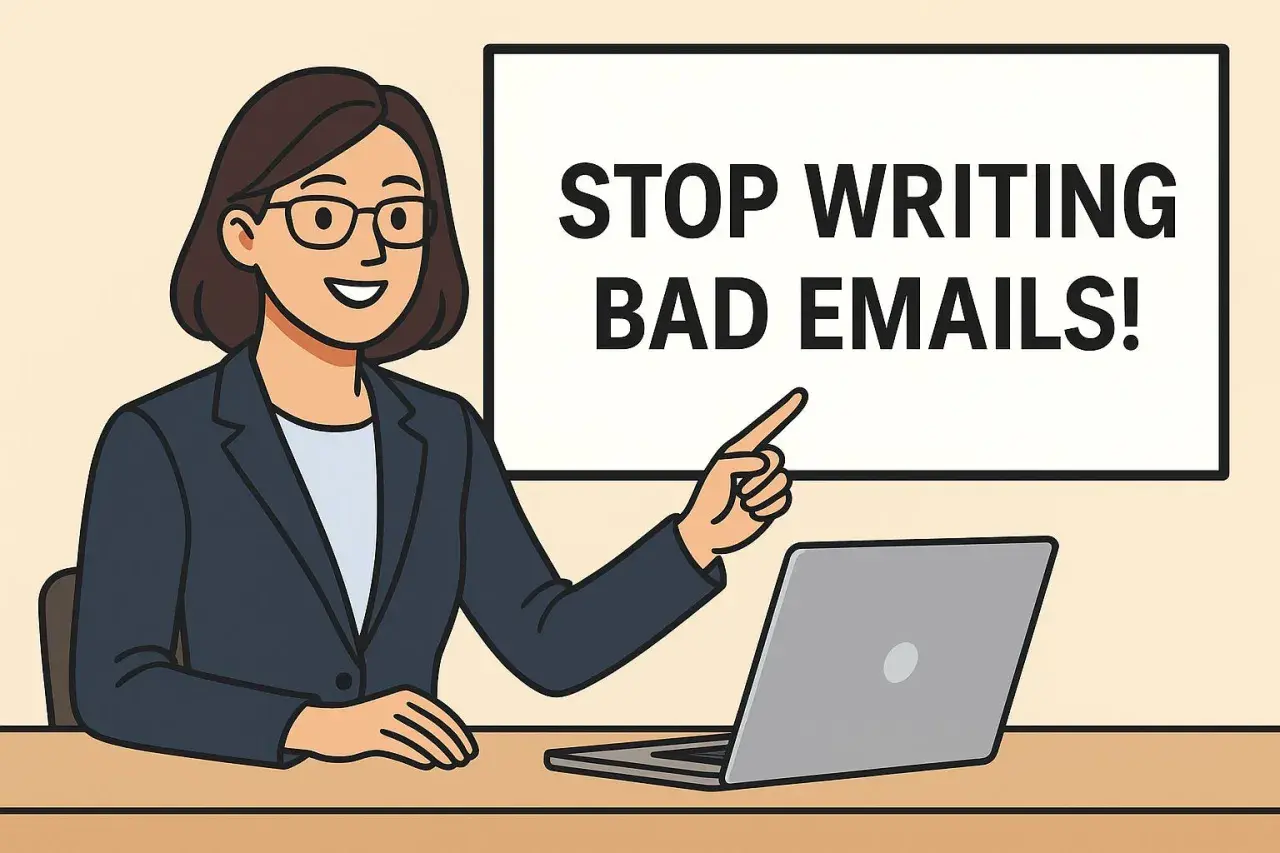 Learn how to write an email professionally. A woman points to a screen saying "STOP WRITING BAD EMAILS!