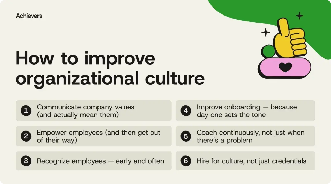 Tips on how to improve company culture: communicate values, empower employees, recognize them, improve onboarding, coach continuously, and hire for culture.