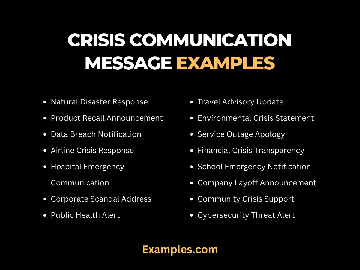 Examples of crisis communication, including natural disaster response, product recalls, data breaches, and public health alerts.