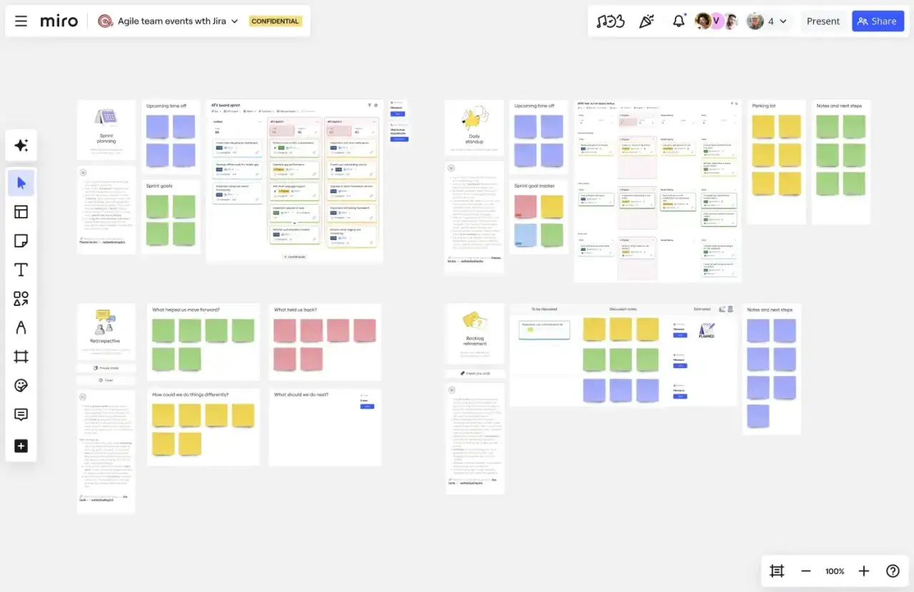 Agile team planning board with sticky notes for sprint planning, goals, retrospectives, and daily standups, showcasing the benefits of agile methodologies.