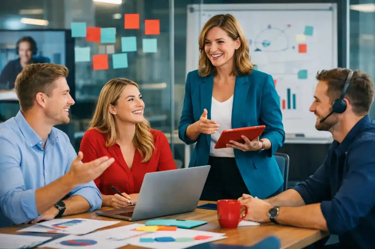 A team discusses ideas, with one woman holding a tablet, ready to answer questions to ask your boss.