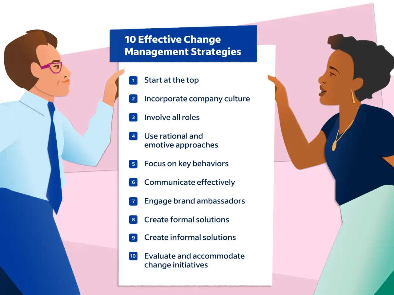Two professionals discuss embracing change, reviewing a list of 10 effective change management strategies.