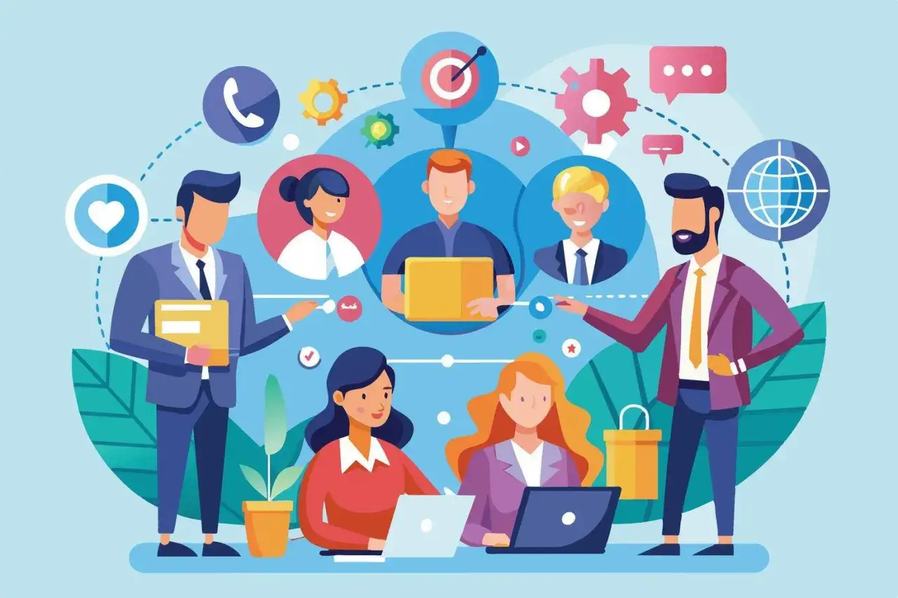 Diverse team collaborating, symbolizing corporate skill development. Icons suggest communication, goals, and global reach.
