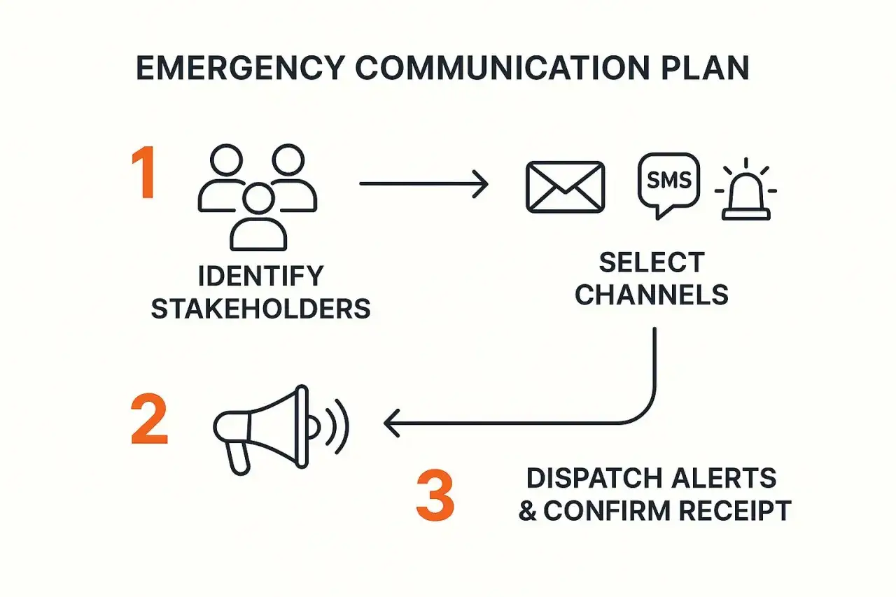 Emergency communication plan: Identify stakeholders, select channels (email, SMS, alert), dispatch alerts, and confirm receipt.