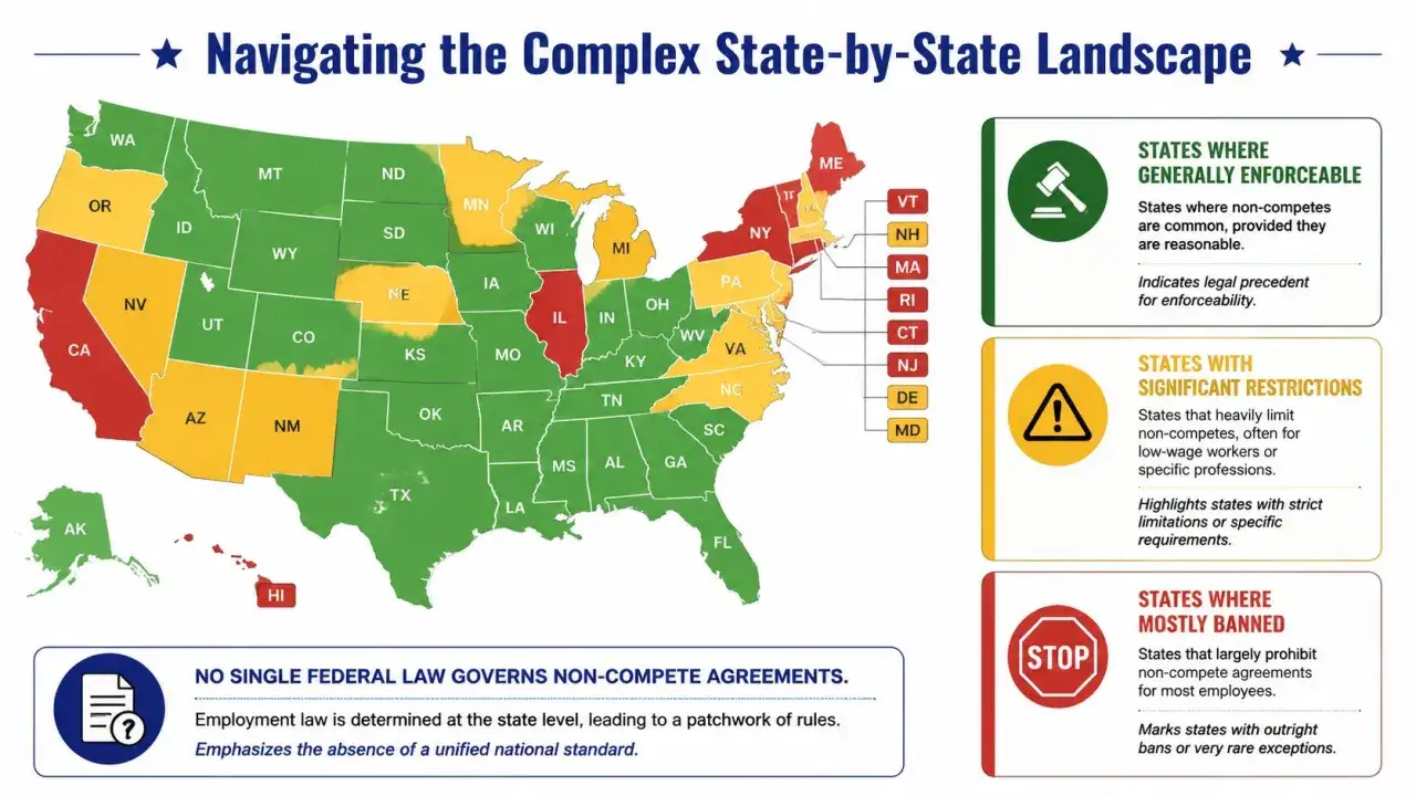 Map shows US states colored green, yellow, and red, indicating varying enforceability of noncompete agreements, with some states having a noncompete ban.