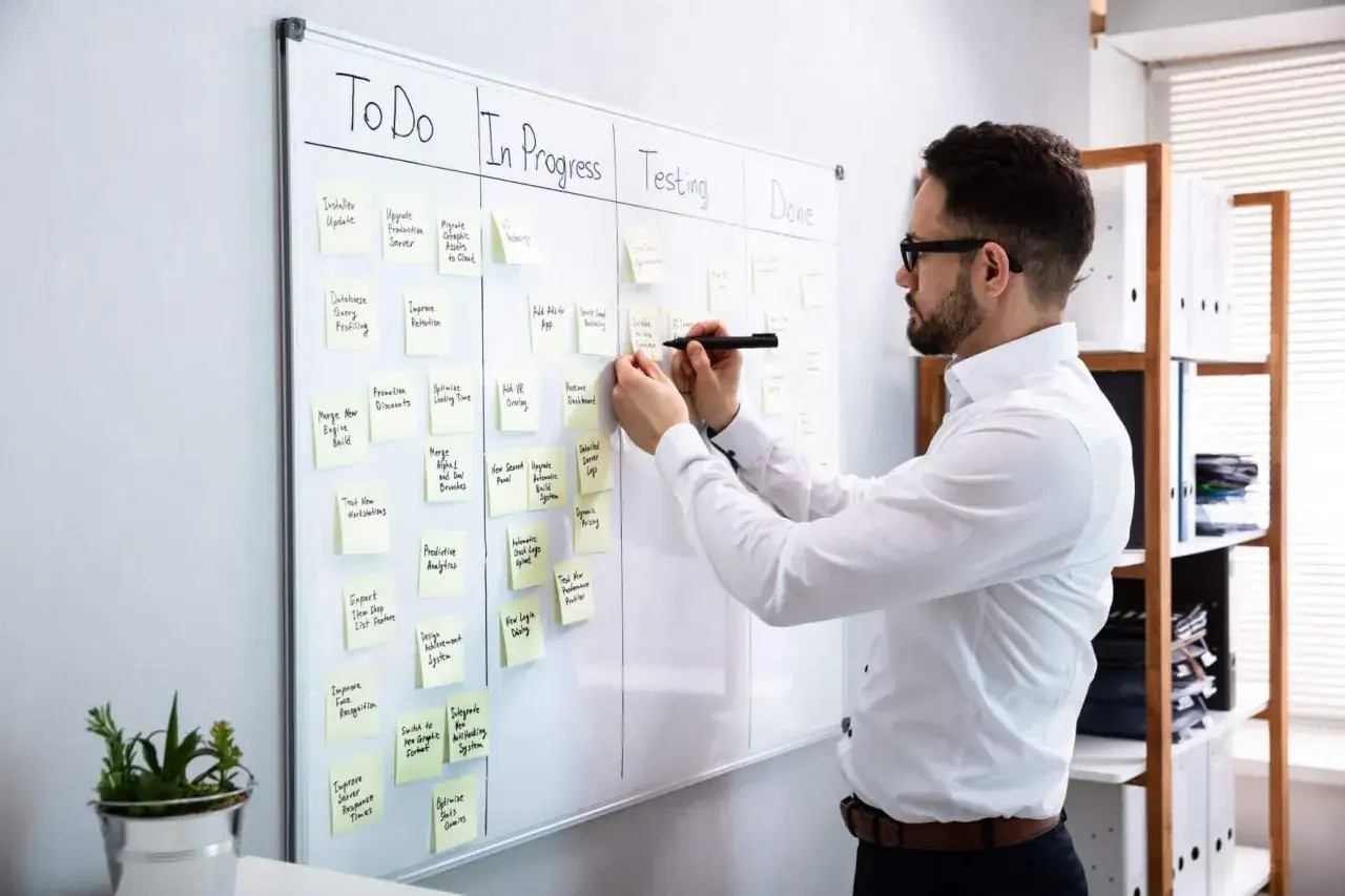 A man updates a Kanban board, planning the first 90 days of a project with tasks in To Do, In Progress, Testing, and Done columns.
