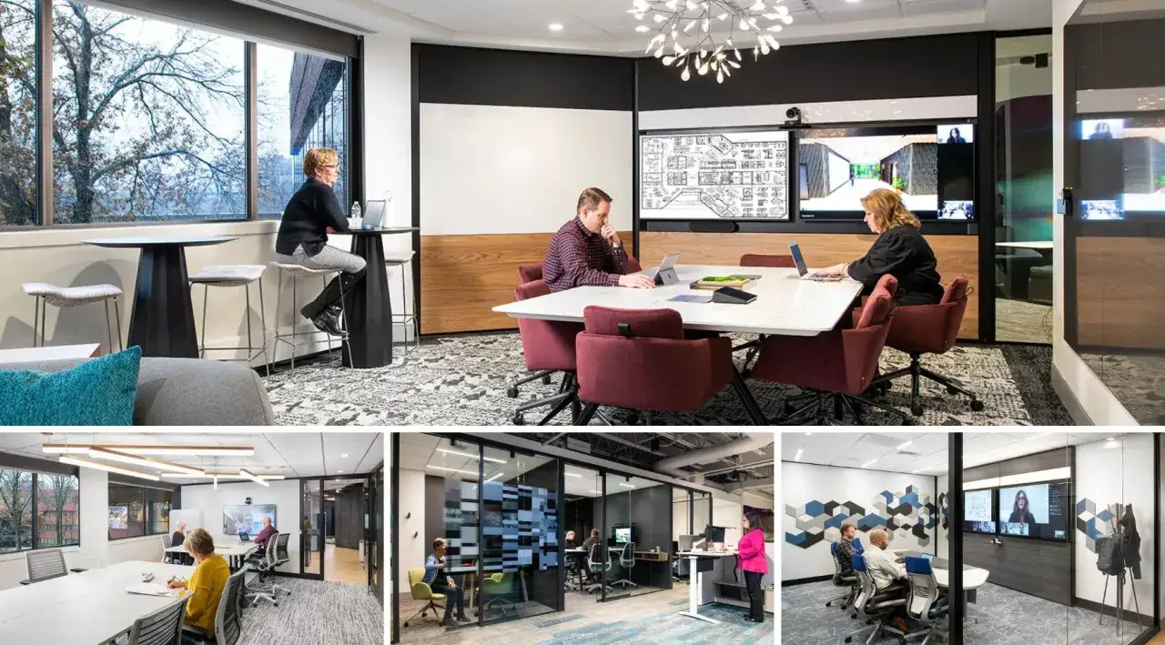 Modern collaborative work spaces feature diverse seating, large screens for remote meetings, and comfortable areas for focused tasks.