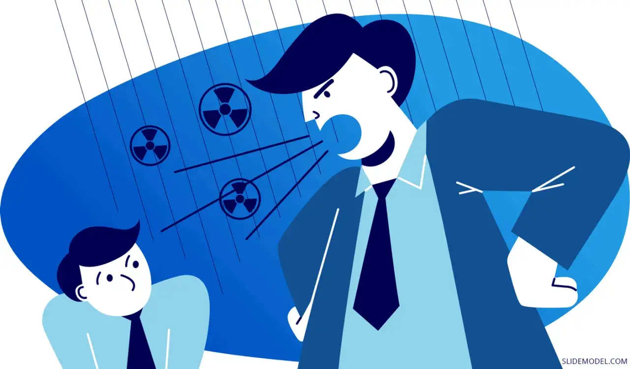 A boss yells at an employee, spewing toxic words symbolized by radiation signs, creating a toxic work environment.