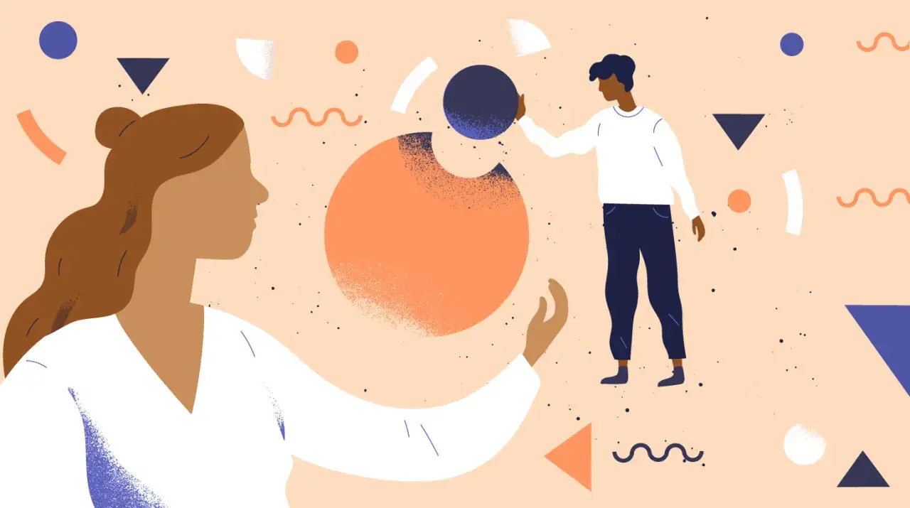 A woman reaches out as a man places a dark blue sphere into a large orange circle. A visual metaphor for how to follow your passion.