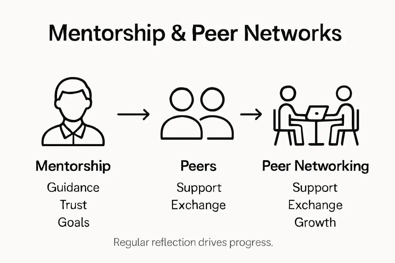 Diagram showing mentorship, peers, and peer networking as steps to finding a career mentor and growing professionally.